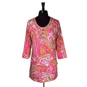 Soft Surroundings Women’s Blouse M Pink Orange Embellished Paisley Boho Vintage